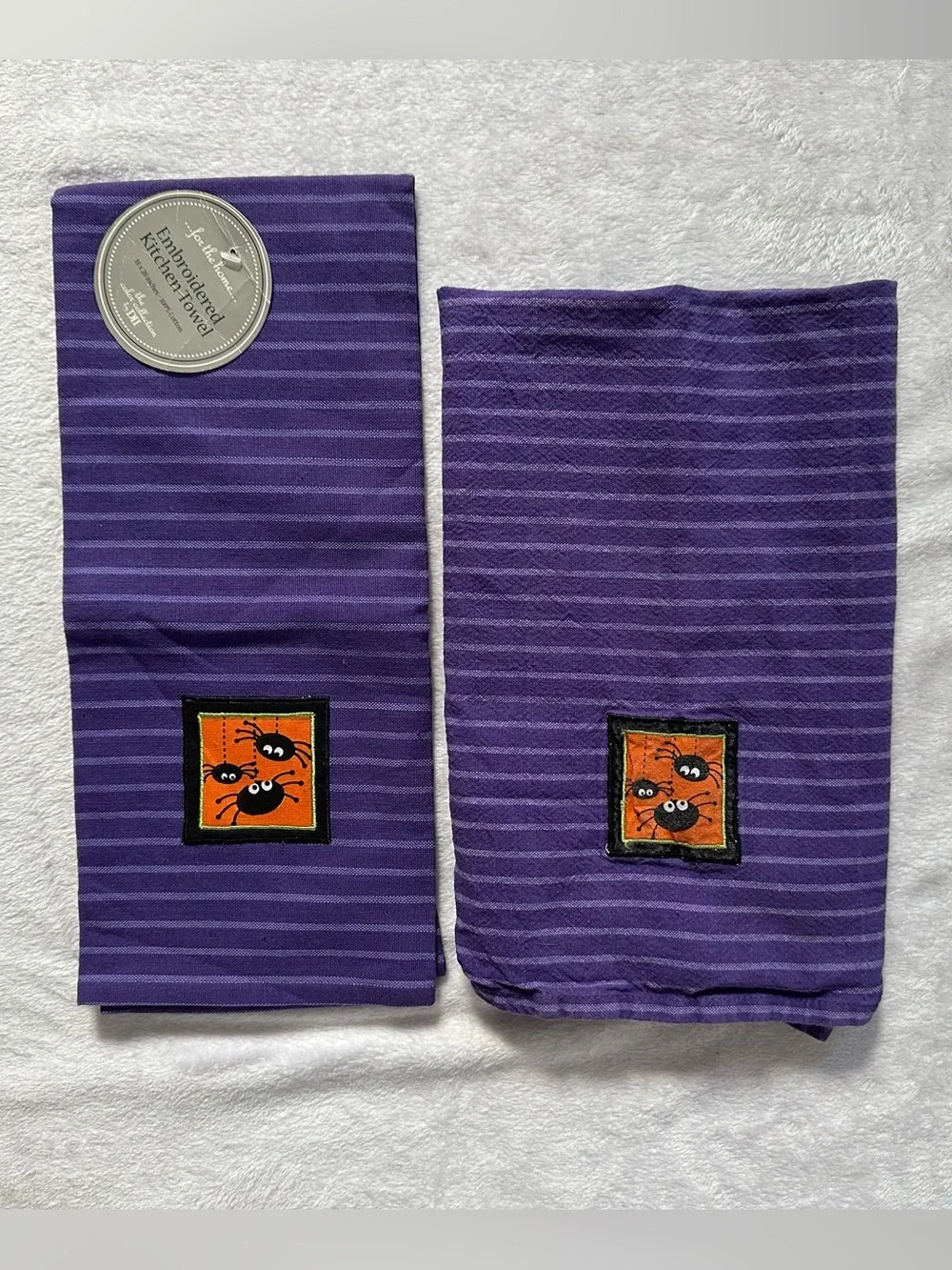 Halloween Spooky Spiders Striped Embroidered Kitchen Towel Purple Orange DII Y2K